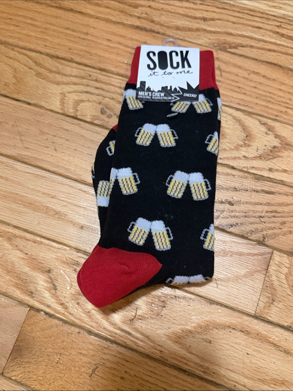 Sock It To Me Men's Black Crew Socks with Beer Mug Pattern and Red Accents